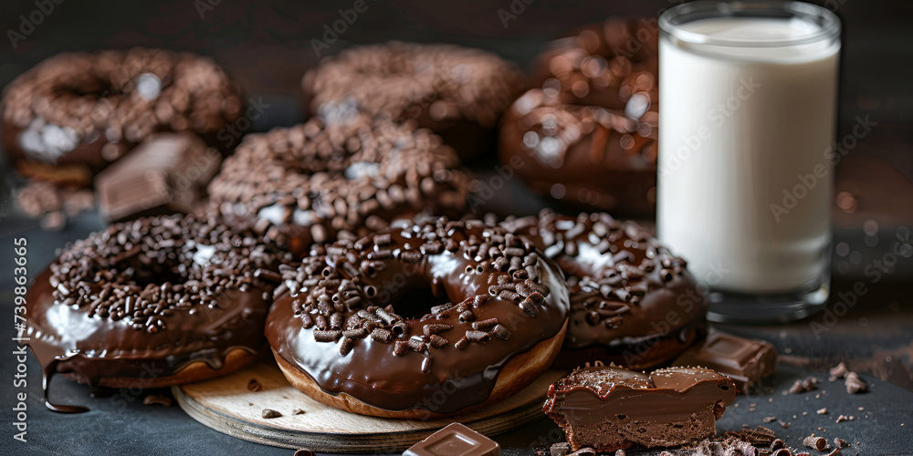Chocolate Donut Served with a Glass of Milk