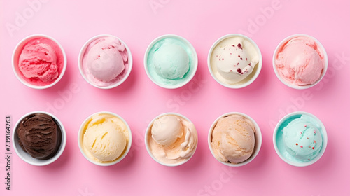 Set of paper Ice-cream bowl with delicious appetizing ice cream on pink background. Ice cream scoops balls with different flavors. AI Generative, flat lay, banner