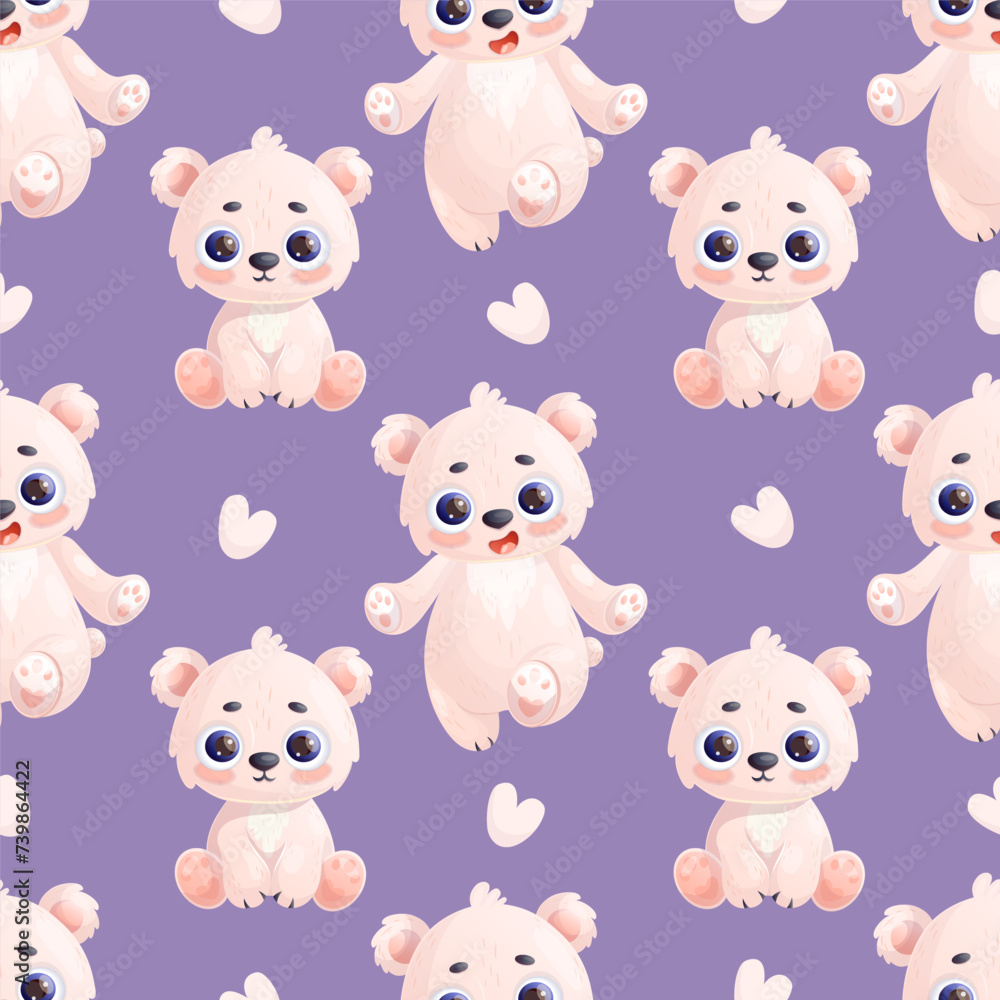 Seamless pattern with cute polar bear animal on purple background with hearts. Vector illustration in cartoon style. Kids collection. Seamless pattern with cute polar bear animal on purple background with hearts. Vector illustration in cartoon style. Kids collection.
