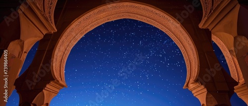 A close-up view of elegant Arabian arches against a clear night sky. Ramadan Kareem background with mosque arch. Islamic greeting Eid Mubarak cards for Muslim Holidays festival celebration.