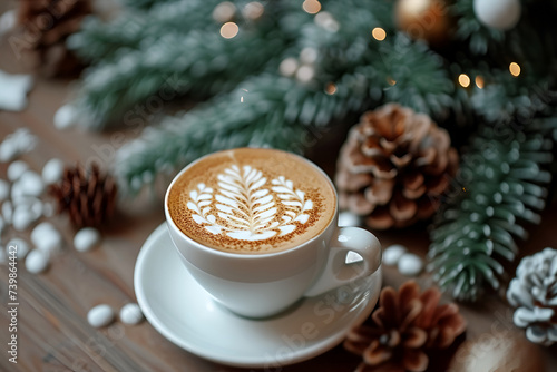 Cappuccino coffee mug with cinnamon Christmas tree print. Christmas and New Year concept. Coffee shop advertising. AI Generative