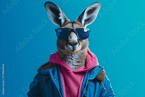 Humanized Stylish kangaroo in fashionable jacket and hoodie on bright background. Advertisement, banner, copy space. Sale, fashion and style concept. AI Generative © Elena
