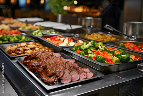 Buffet in cafe  restaurant in resort hotel. Delicious and healthy food. Trays full of tasty meat and broccoli. Smorgasbord  catering consept. AI Generative