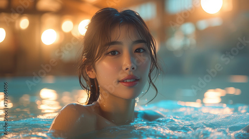 Serene portrait of a young Japanese woman  relaxing in a spa resort hot tub  Ai Generated.