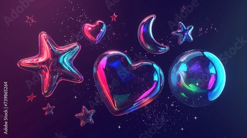 A futuristic 3D holographic galaxy with cyber chrome emoji, falling stars, and sparkly moons. © ckybe