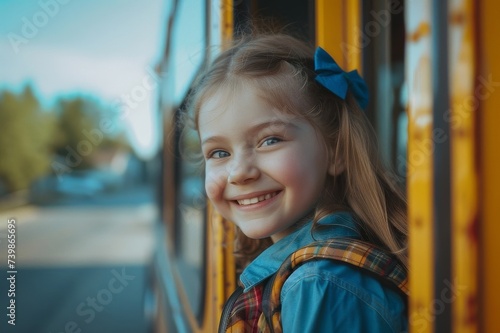 Cheerful little schoolgirl looking out the window of a school bus