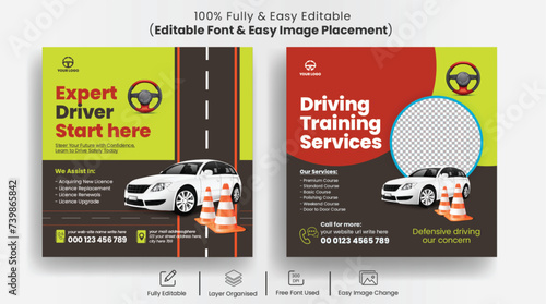 Editable Driving school Instagram post and social media post banner template with 3d car illustration, suitable for car repair and car washing website banner design photo