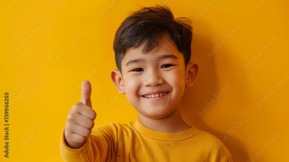 Cropped portrait of a smiling young boy showing thumb up isolated over yellow background Cropped portrait of a smiling young boy showing thumb up isolated over yellow background