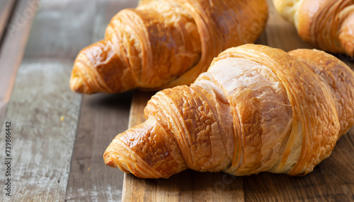 Fresh homemade croissants on wooden table, selective focus