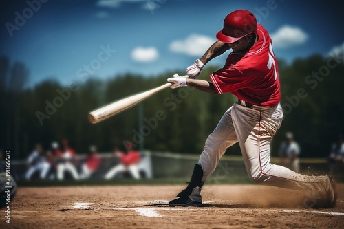 Professional baseball player in red uniform swinging bat at ball on field with blurred background