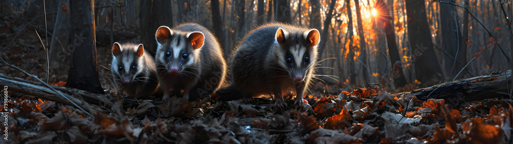 Opossum family in the forest with setting sun shining. Group of wild animals in nature. Horizontal, banner. Opossum family in the forest with setting sun shining. Group of wild animals in nature. Horizontal, banner.