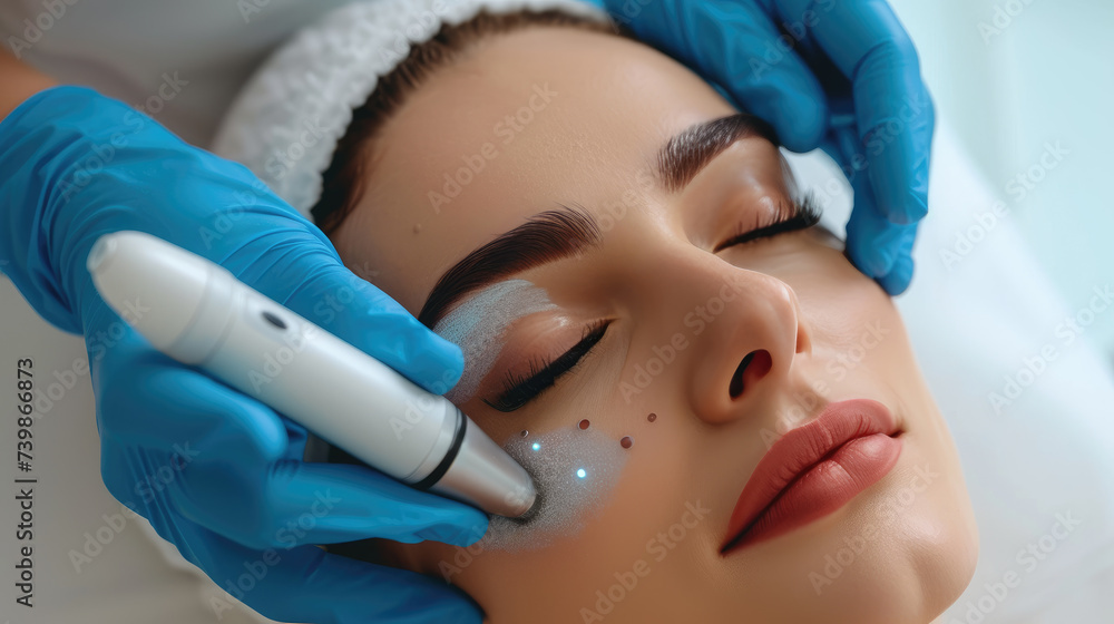 Therapist's skilled hands, gloved, hold hydrafacial tool for precise skincare, expertise, Ai Generated. Therapist's skilled hands, gloved, hold hydrafacial tool for precise skincare, expertise, Ai Generated.