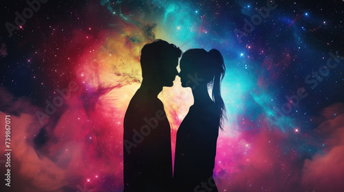 Silhouettes of a man and woman against an abstract cosmic backdrop. Ai Generated.