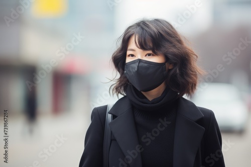 Fashionable Woman in Black Mask on Hazy City Street. Stylish young Asian woman in a turtleneck and coat wearing a black mask on a hazy city street.