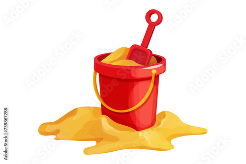 Red bucket with shovel on golden sand, toys isolated on white background. Kid summer game outdoors.