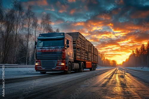 a truck on a road with a sunset © Aliaksandr Siamko