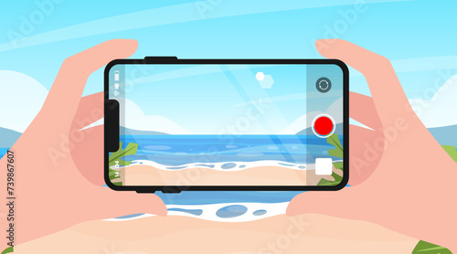 Hands holding and taking record on smartphone, Video camera mobile phone, Recording screen video capture by smartphone, Taking vdo on vacation, Summer beach view recoding. photo