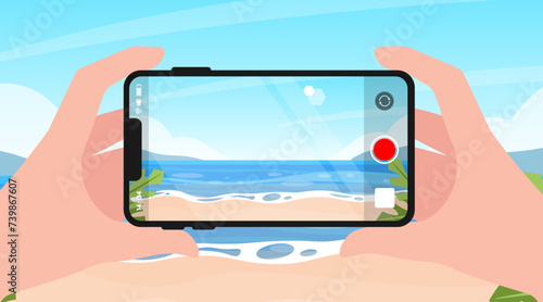 Hands holding and taking record on smartphone, Video camera mobile phone, Recording screen video capture by smartphone, Taking vdo on vacation, Summer beach view recoding.