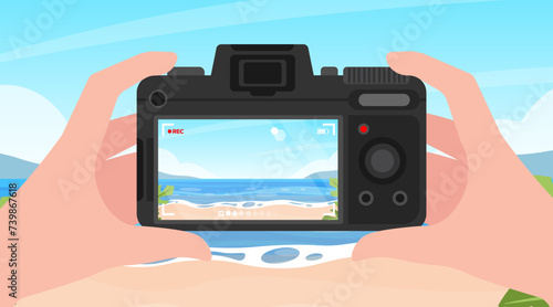 Hands holding and taking record on camera, Recording screen video by camera, Taking vdo on vacation, Summer beach view recoding.