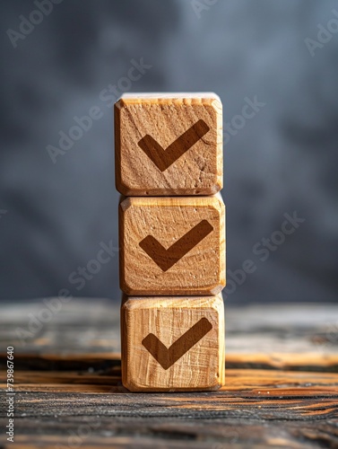 Wooden blocks with check marks representing job listings, task lists, surveys, assessments, confirmations, double checks and quality control for achieving business goals and success. photo