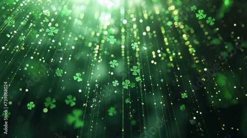 St. Patrick's Day themed digital matrix rain, streams of green code create a backdrop of falling shamrocks