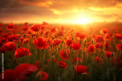 A breathtaking field of vibrant red poppies under the golden glow of a spring sunset © mikeosphoto