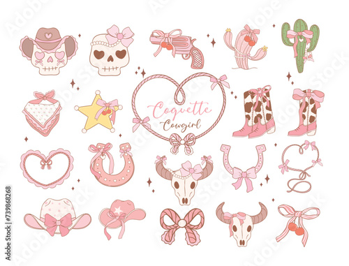 Coquette Cowgirl Pink ribbon bow Cartoon Doodle trendy collection.  Playful and Whimsical Illustration.