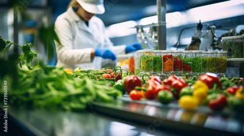 The scientist studies cultivated vegetables grown in the laboratory: Peas, tomatoes, peppers, Brings out new varieties, sorts seeds into jars in a modern biotechnological laboratory.