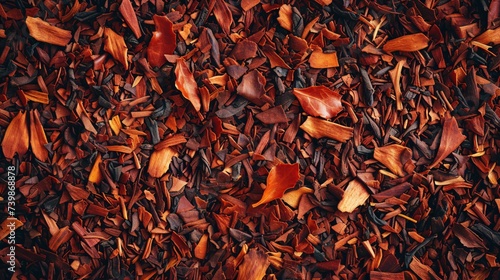 Closeup of texture background featuring dry red bush tea leaves.