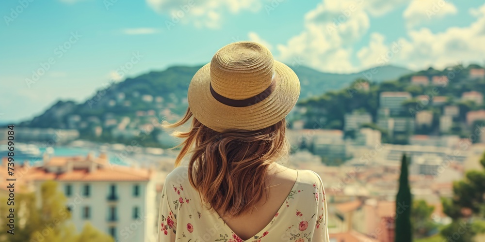 Glimpse of French Riviera Rear view of stunning lady holding hat, reveling in the city view of Nice, France.