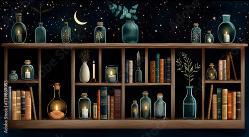 Night magical library with books and potion bottles on shelves. Night starry sky with moon.