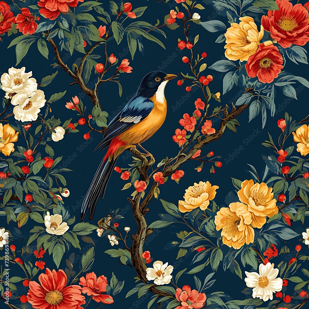 Obraz premium classic Chinoiseries style illustration with bird and flower with tree 
