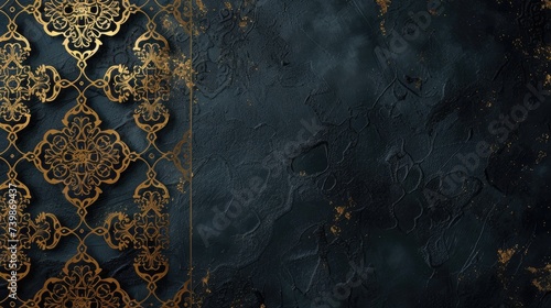 Exquisite gold Islamic patterns adorn a dark textured backdrop, exuding elegance. Islamic Arabic Arabesque Ornament Border Luxury Abstract black Background with Copy Space