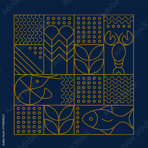 Line geometric mosaic seamless pattern illustration. Fish and seafood geometric pattern. Natural food background creative simple, agriculture vector design. Healthy Food pattern