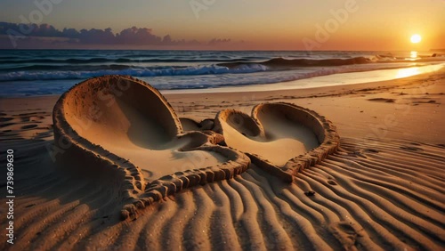 Two hearts made of sand on the beach. Generative AI Video. ProRes LT 59.94 FPS available in 4K 16:9.
