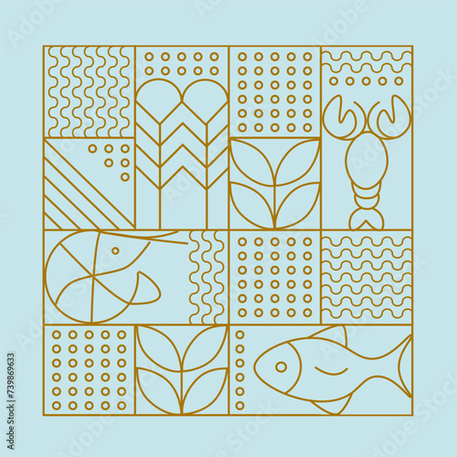 Line geometric mosaic seamless pattern illustration. Fish and seafood geometric pattern. Natural food background creative simple, agriculture vector design. Healthy Food pattern