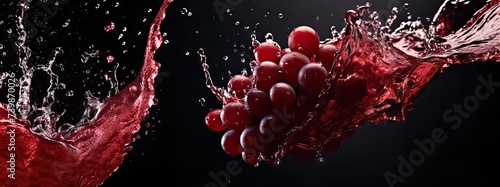 Splashing red wine with red grape close up on dark background