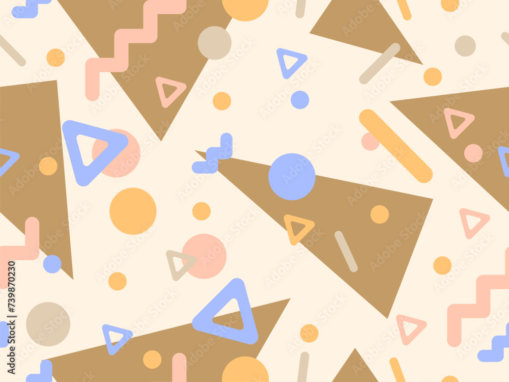 80s seamless pattern with geometric shapes in memphis style. Circles and triangles. Colorful abstract background for printing on promotional items, banners and wrapping paper. Vector illustration 80s seamless pattern with geometric shapes in memphis style. Circles and triangles. Colorful abstract background for printing on promotional items, banners and wrapping paper. Vector illustration