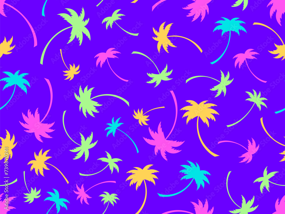Colorful palm trees seamless pattern. Summer time, wallpaper with tropical pattern. Design for printing t-shirts, banners and promotional items. Vector illustration Colorful palm trees seamless pattern. Summer time, wallpaper with tropical pattern. Design for printing t-shirts, banners and promotional items. Vector illustration