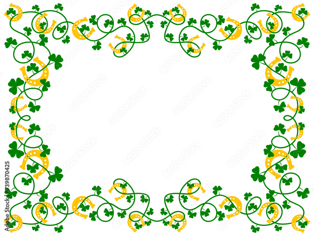 Frame with green clover leaves and horseshoes for St. Patrick's Day. Border with shamrocks and horseshoes on white background. Design for greeting cards, flyers and invitations. Vector illustration Frame with green clover leaves and horseshoes for St. Patrick's Day. Border with shamrocks and horseshoes on white background. Design for greeting cards, flyers and invitations. Vector illustration