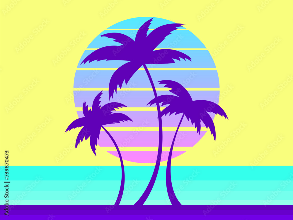 Landscape with palm trees on the seashore and sun in retro 80s style. Futuristic sun with gradient. Summer time. Design for poster, banner and promotional product. Vector illustration