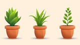 Assorted 3d cartoon icons of potted plant shoots, houseplants, trees, and grass.