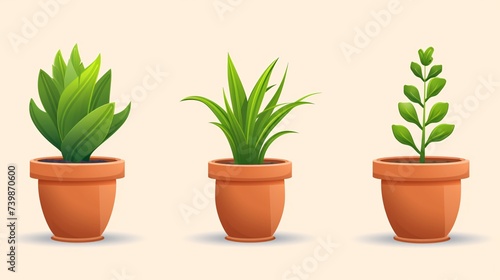 Assorted 3d cartoon icons of potted plant shoots, houseplants, trees, and grass.