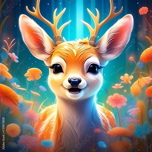 A cute smiling deer with a pair of beautiful antlers in a beautiful garden with colourful flowers and nature background, cartoon, for kids, children's items and occasions, generative ai  © Jeevana