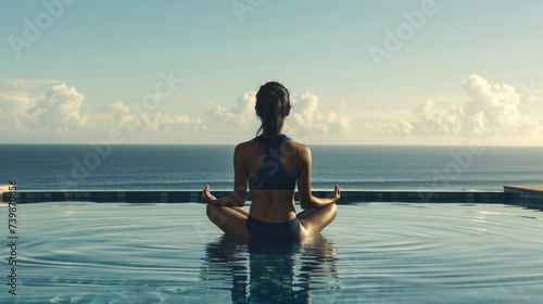 Woman Meditating in Lotus Position by Infinity Pool Overlooking the Sea