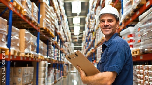 Cheerful Senior Warehouse Worker in Safety Vest Holding Clipboard