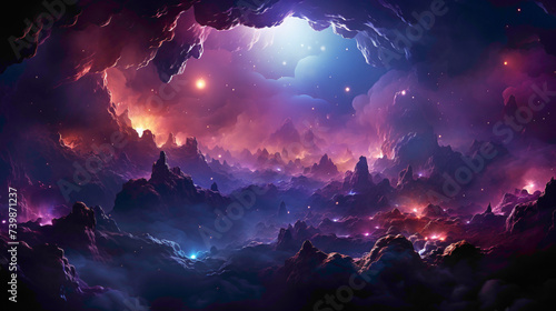 A cosmic purple abstract background with swirling galaxies and celestial elements.