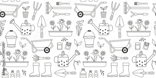 Linear gardening time seamless pattern. Spring farming works. Garden tools, watering can, bucket, wheelbarrow, seeds, plants, fertilizer, boots. Line art. Coloring page. Background, digital paper.