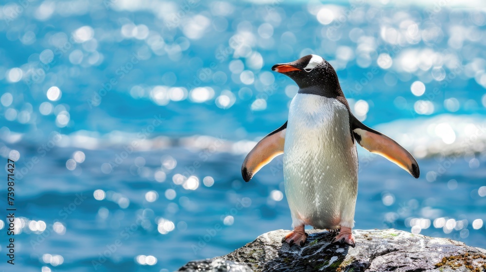 Fototapeta premium Vibrant Gentoo Penguin Standing Proudly on a Rocky Shoreline Against Turquoise Sea