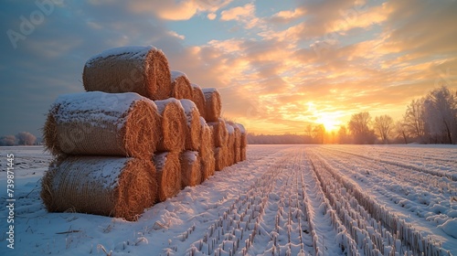 Photographie Pile of hay bales on snowy farm field.